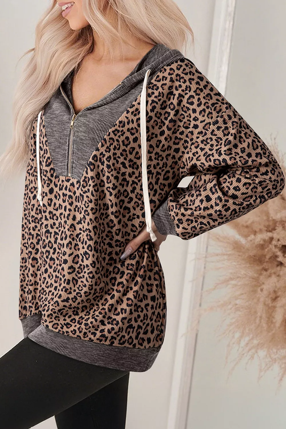 Leopard Print Quarter-Zip Hoodie, image 3