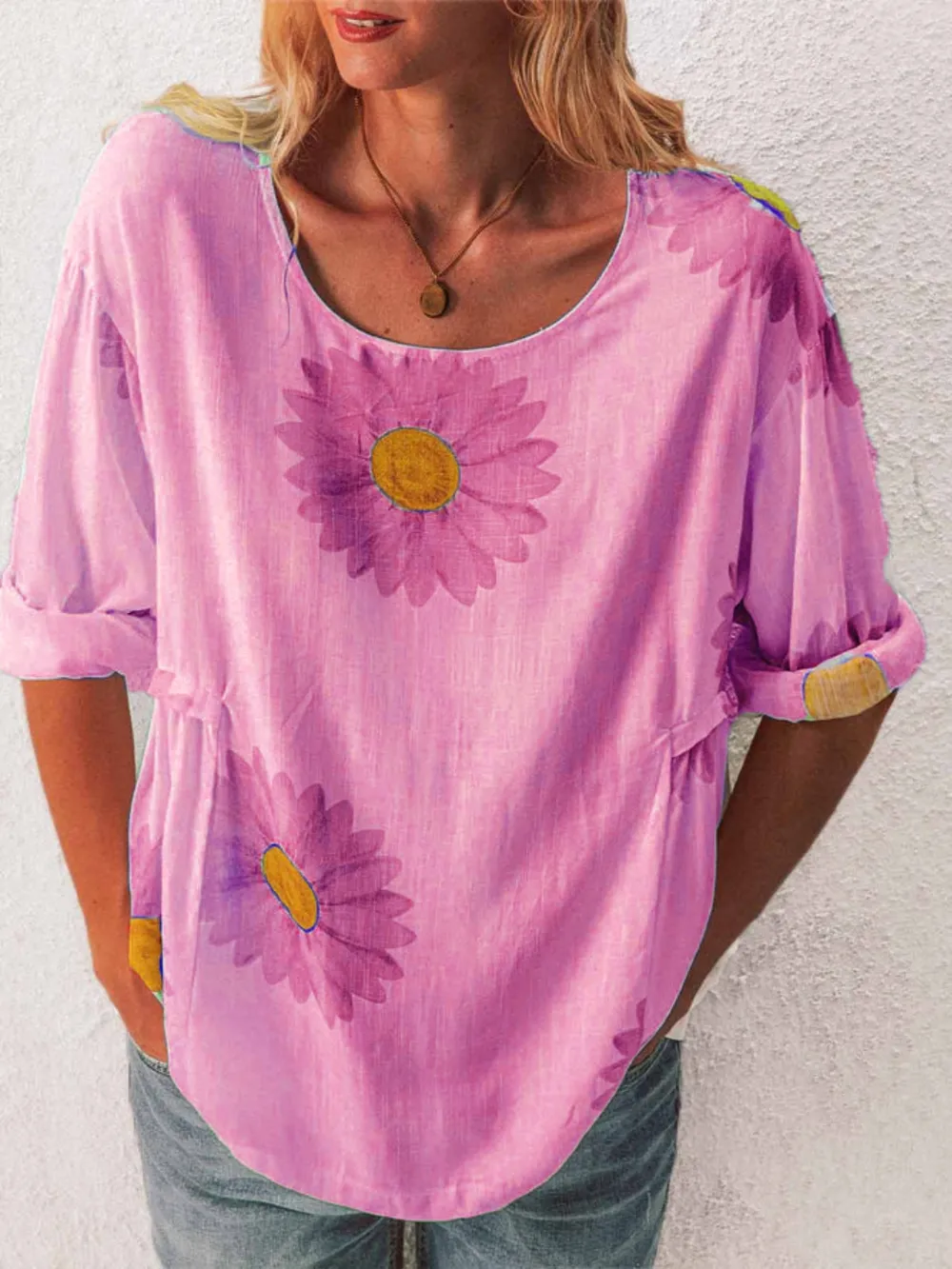 Full Size Flower Round Neck Half Sleeve T-Shirt Plus Size, image 15