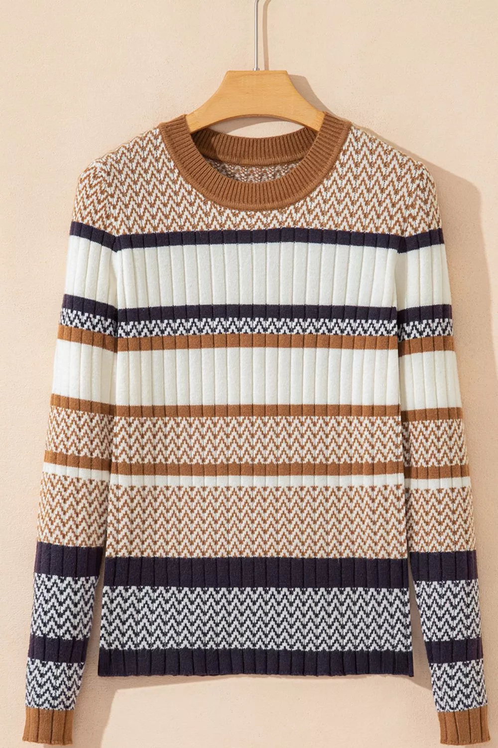 Stripe Stylish Pattern Knitted Ribbed Trim Slim Sweater, image 9