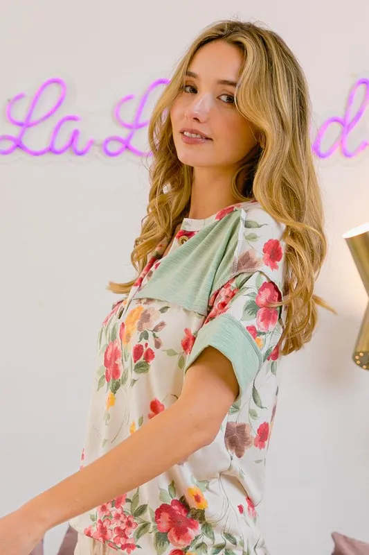 Floral Button Detail Round Neck Short Sleeve Terry T-Shirt, image 5