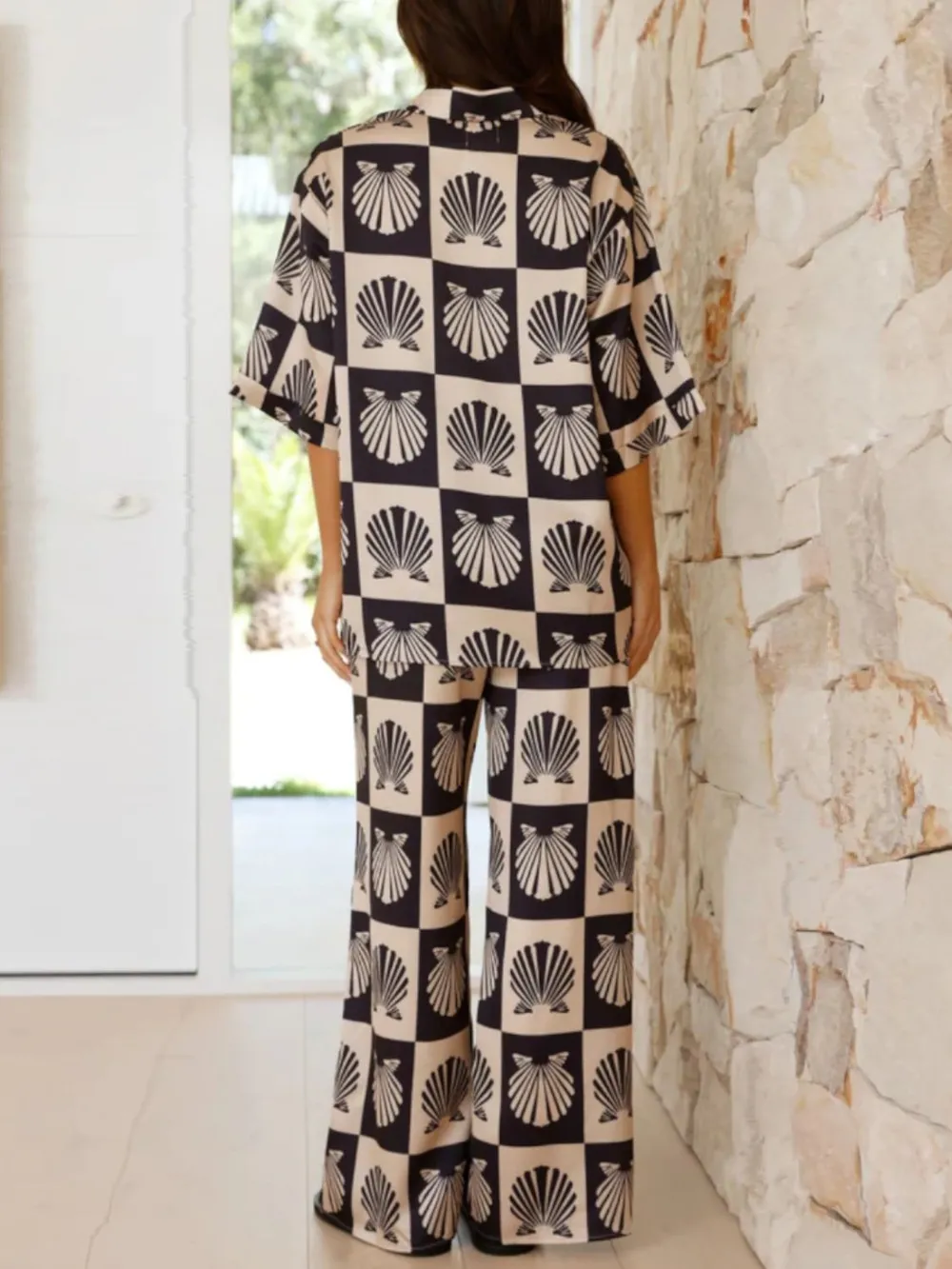 Printed Collared Neck Top and Wide Leg Pants Set, image 7