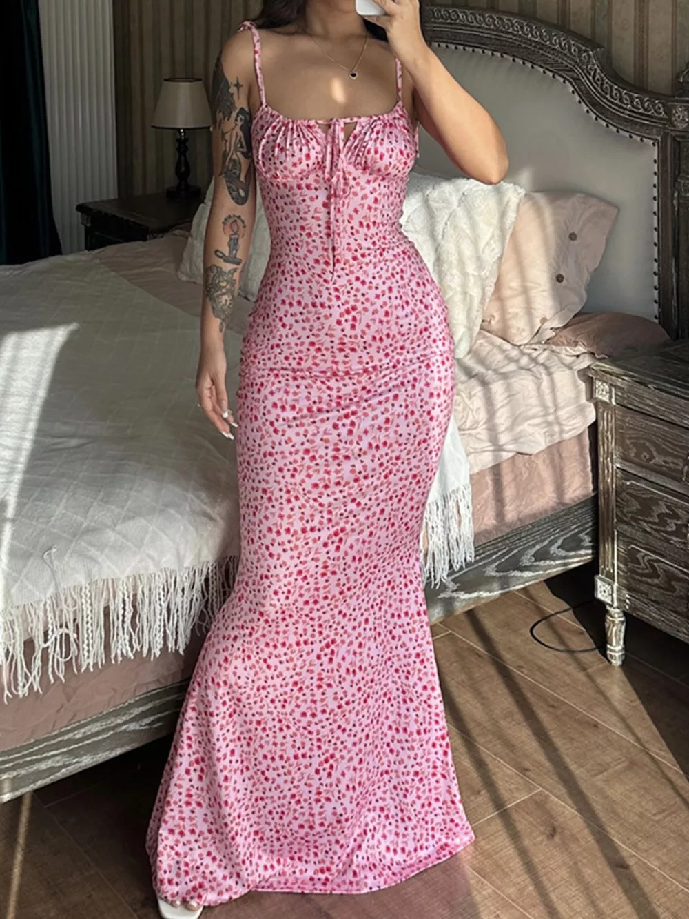 Floral Print Tie Strap Bodycon Maxi Dress, image 17