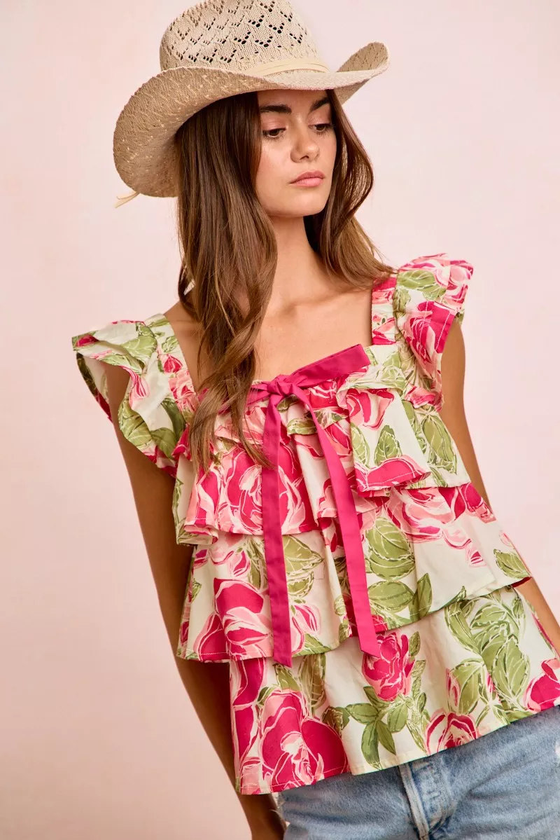 Floral Print Woven Bow Tie Ruffle Square Neck Top, image 4