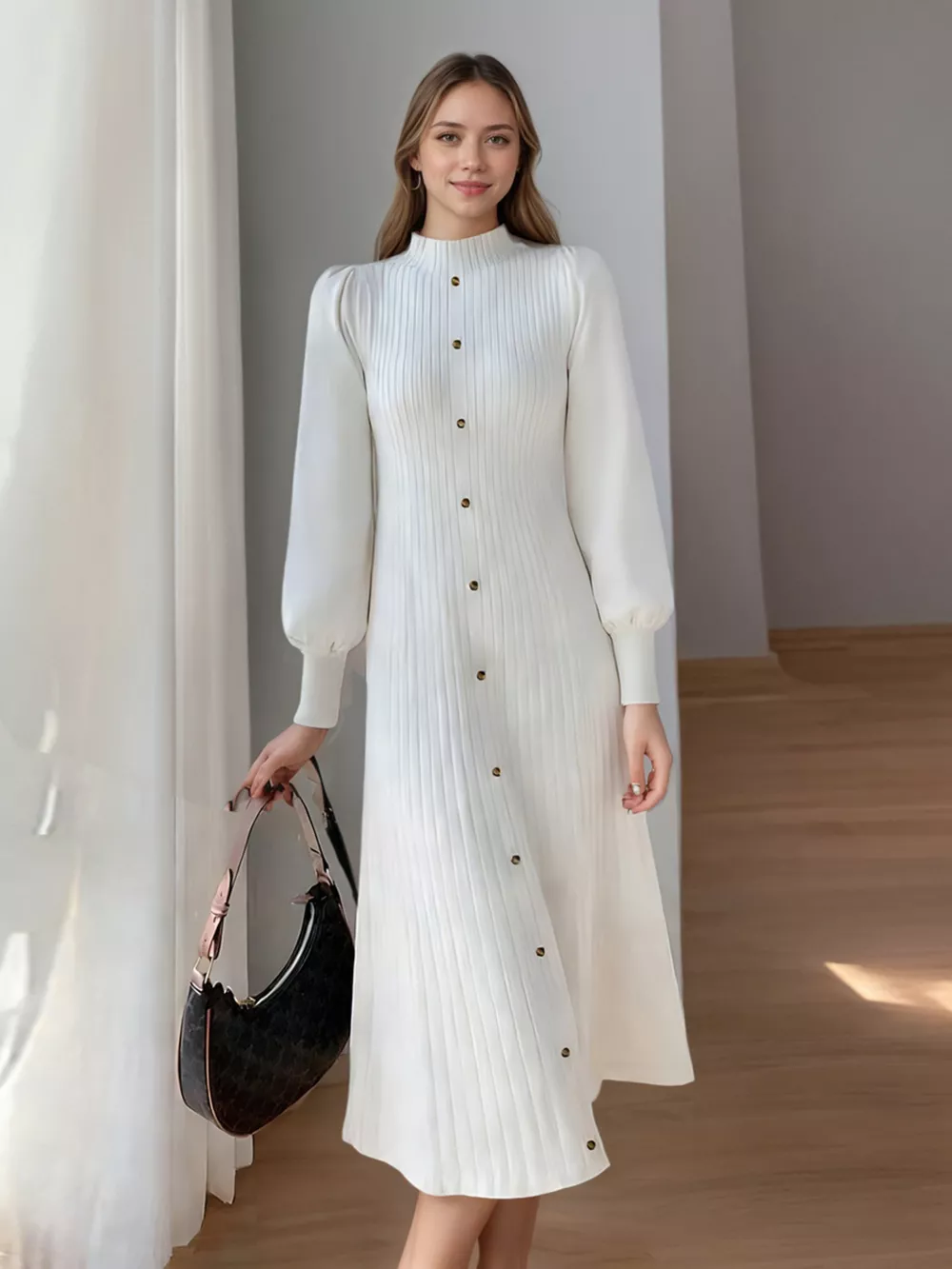 Ribbed Knit Mock Neck Midi Dress
