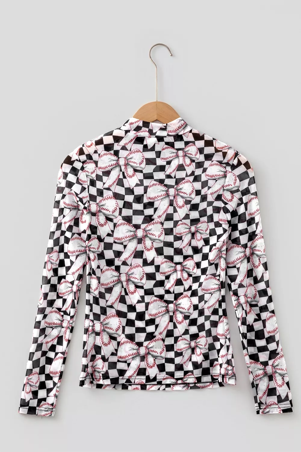 Checkered Baseball Bow Print High Neck Long Sleeve Mesh Top, image 3