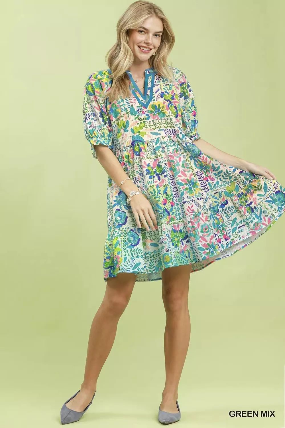 Mix Botanical Print Puff Sleeve Tiered Dress, image 4