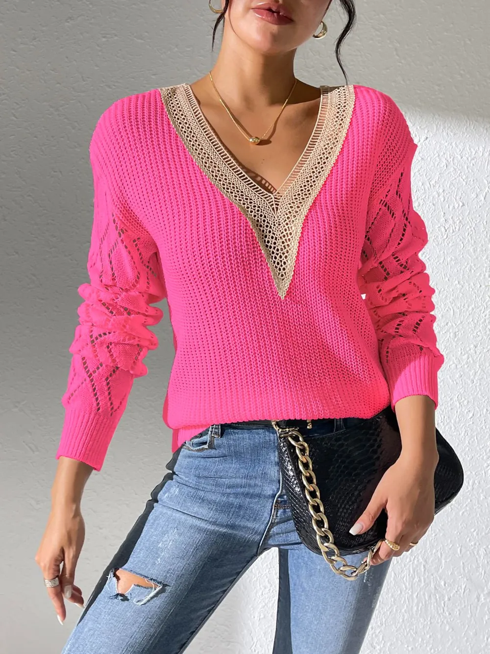 Openwork V-Neck Long Sleeve Sweater, image 18