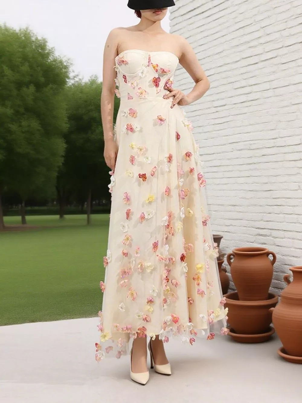 Floral Applique Strapless Tulle Maxi Dress, image 2