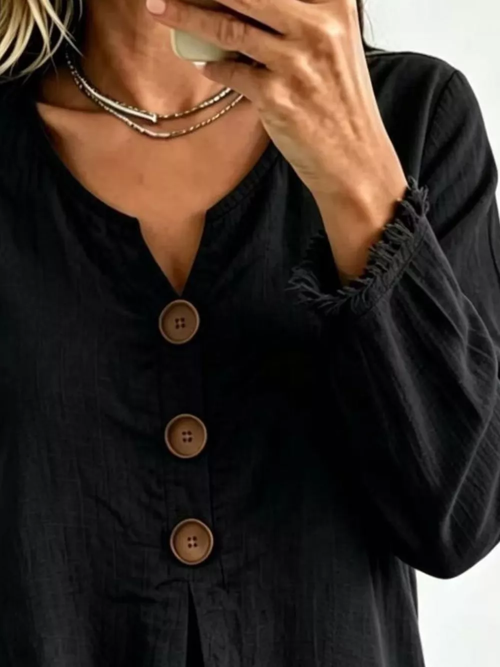 Full Size Frayed Hem Long Sleeve Blouse Plus Size, image 4