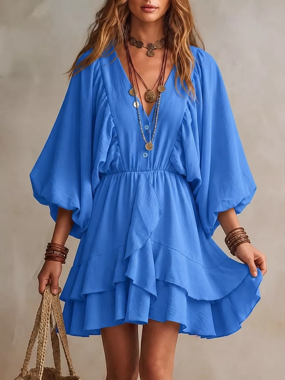 Ruffled Balloon Sleeve Mini Dress, image 3