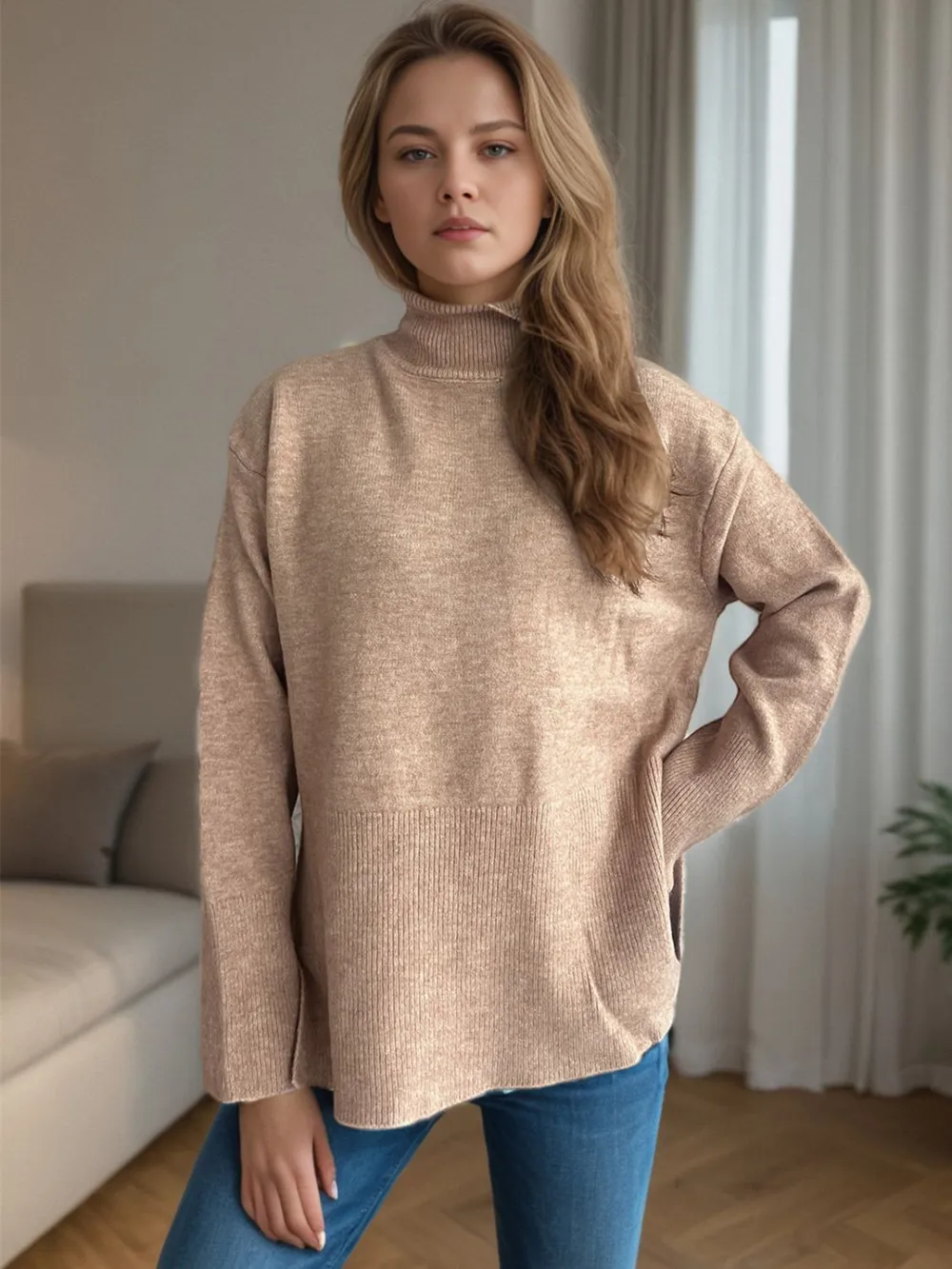 Side Slit Turtleneck Long Sleeve Sweater, image 3