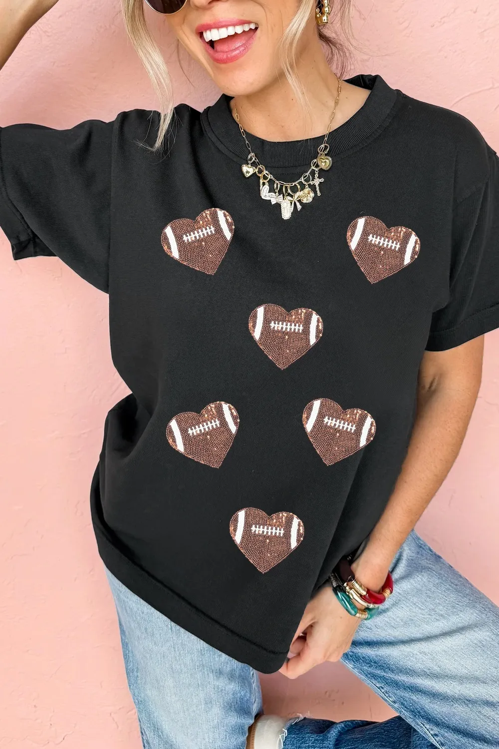Game Day Football Heart Round Neck T-Shirt, image 5