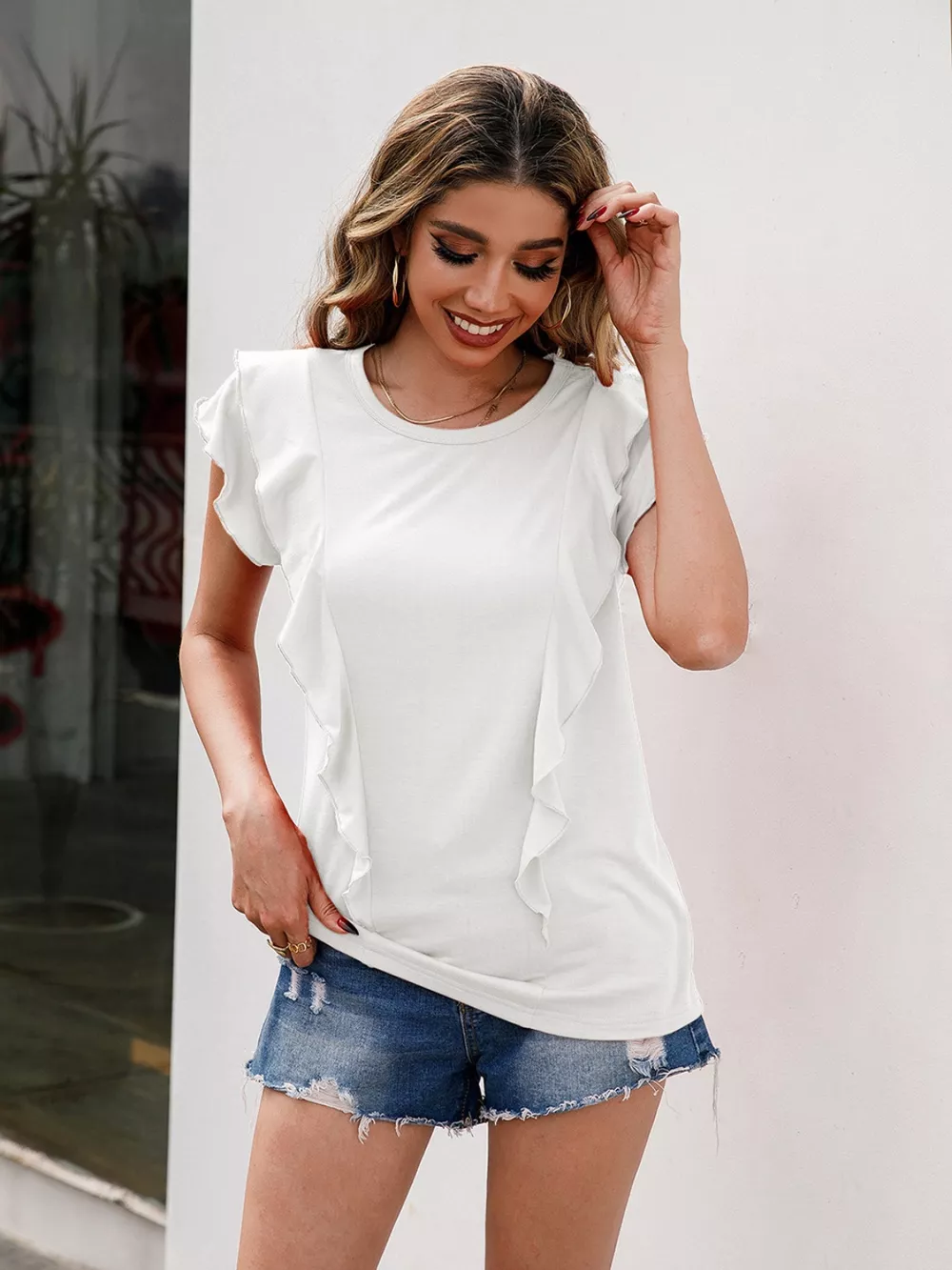 Ruffled Round Neck Cap Sleeve T-Shirt, image 5