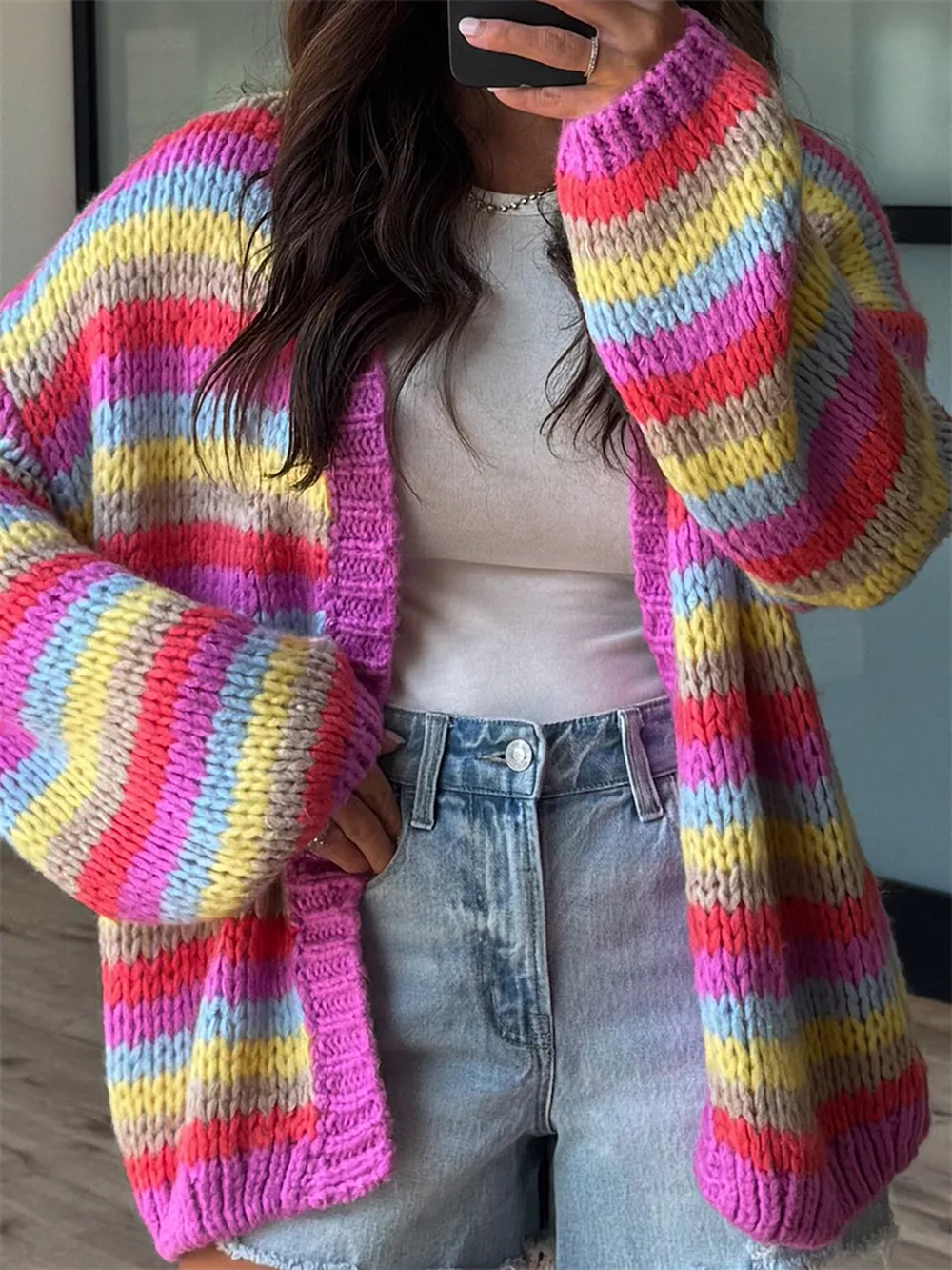 Multi-Color Striped Chunky Knit Open-Front Cardigan, image 6