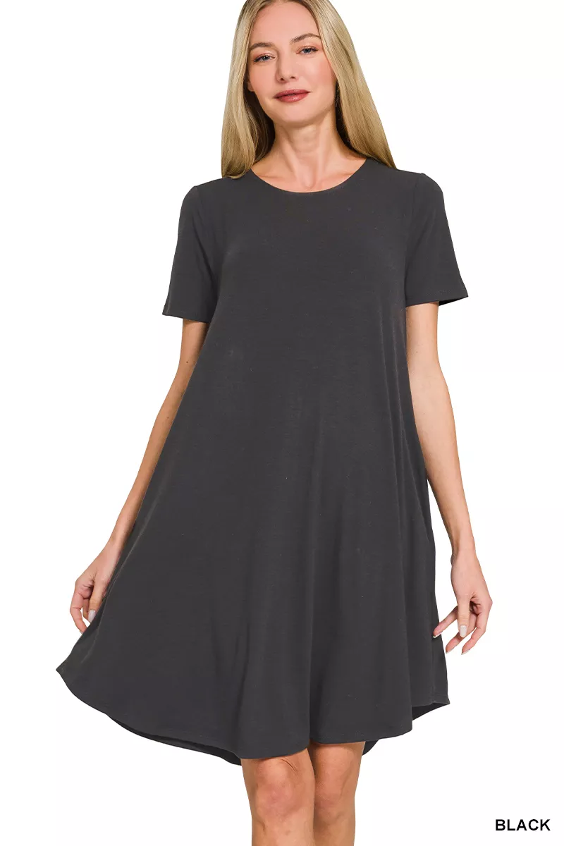 Short Sleeve Round Hem A-Line Dress with Side Pockets