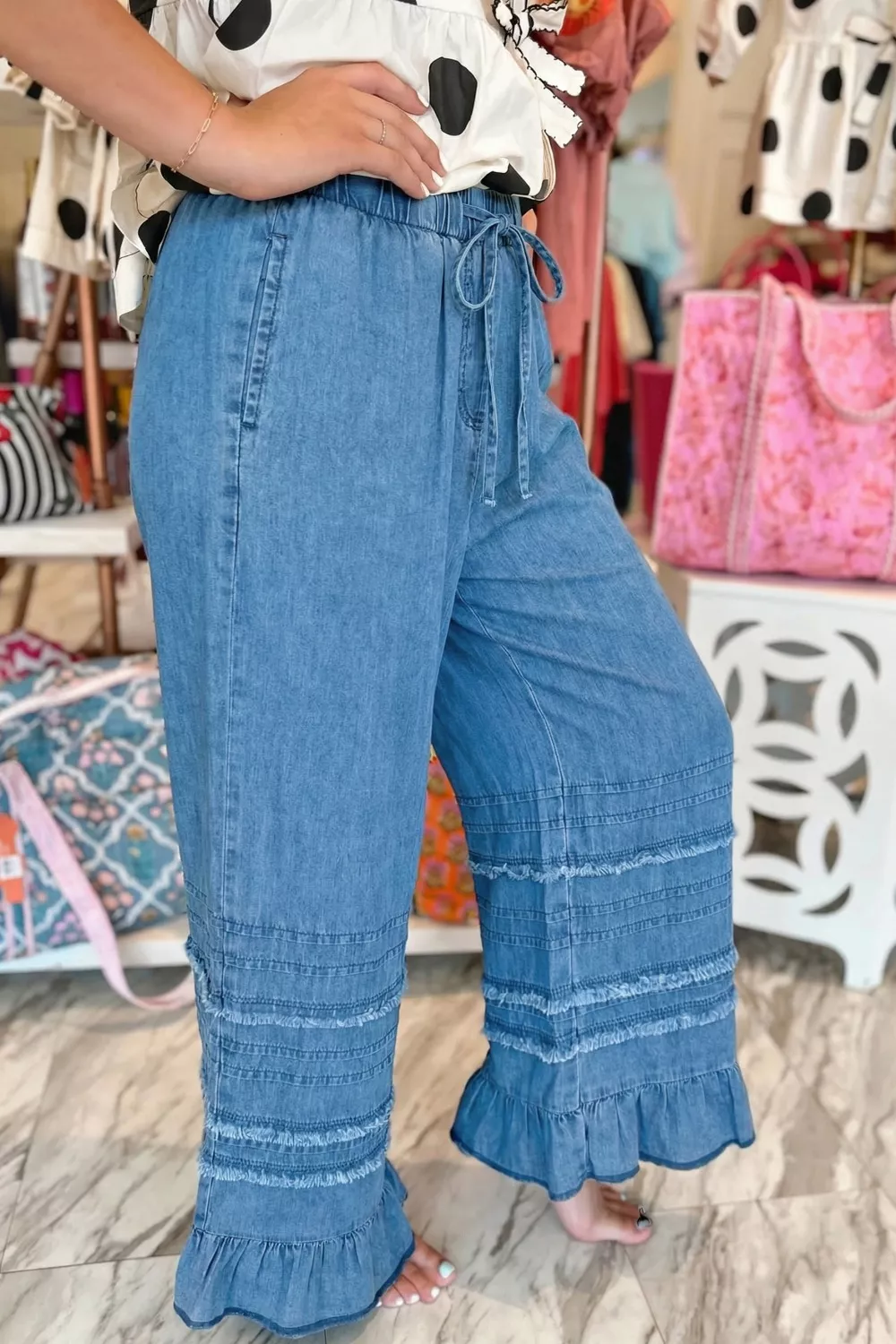 Ruffled Hem Wide Leg Chambray Pants, image 3