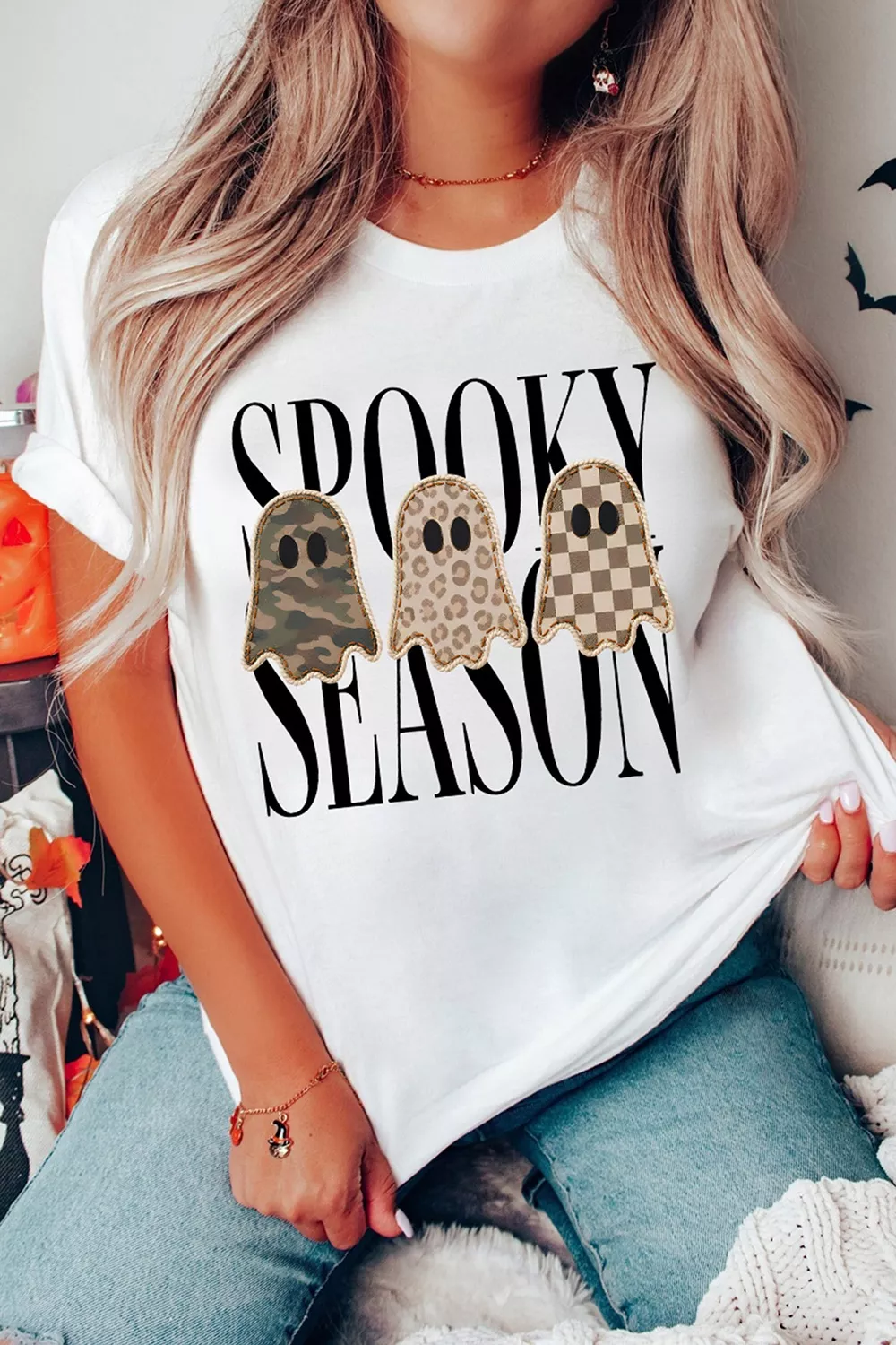 Full Size Spooky Season Ghosts Graphic Short Sleeve Halloween T Shirt Plus Size, image 5