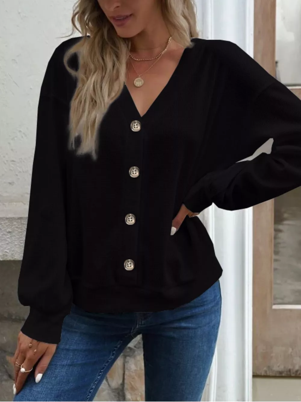 Casual V-Neck Waffle Long Sleeve Top, image 5