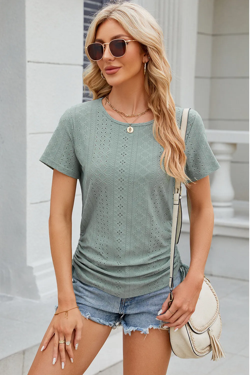Eyelet Round Neck Short Sleeve T-Shirt, image 2