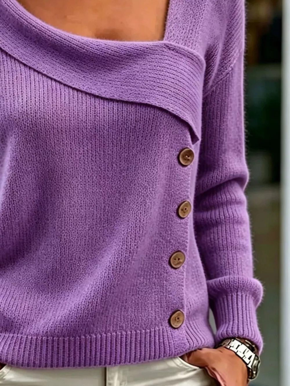 Asymmetric Neckline Button-Decorated Sweater, image 8