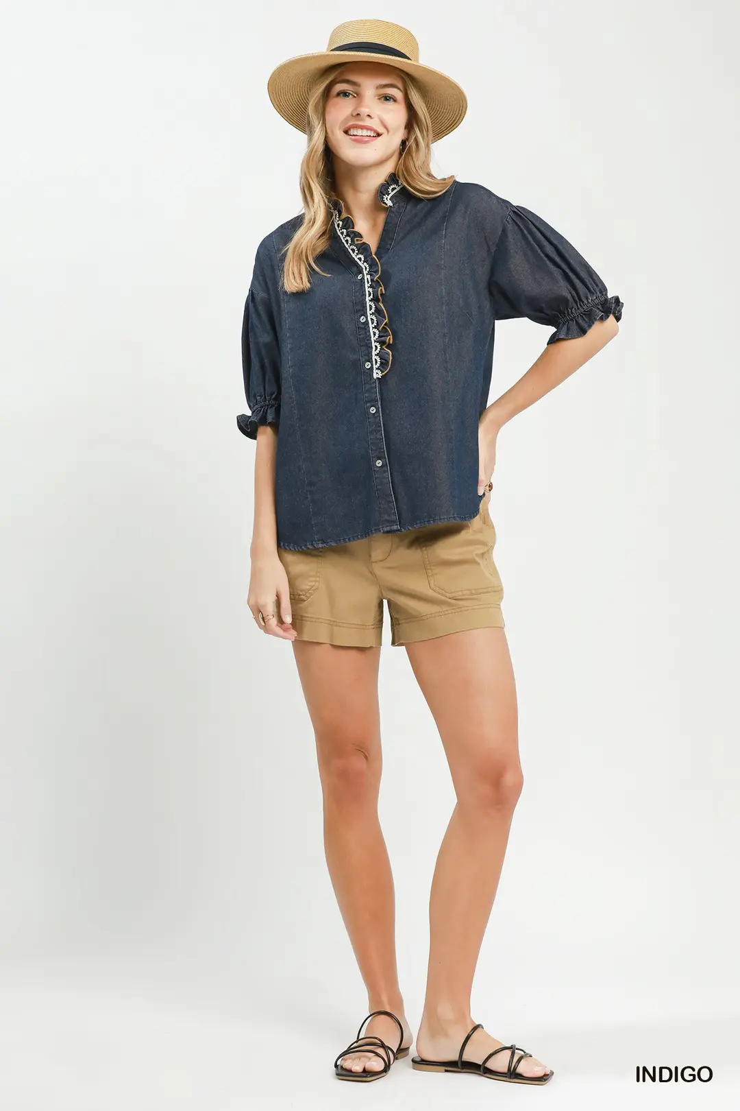 Chambray Scalloped Trim Button Front Blouse, image 5