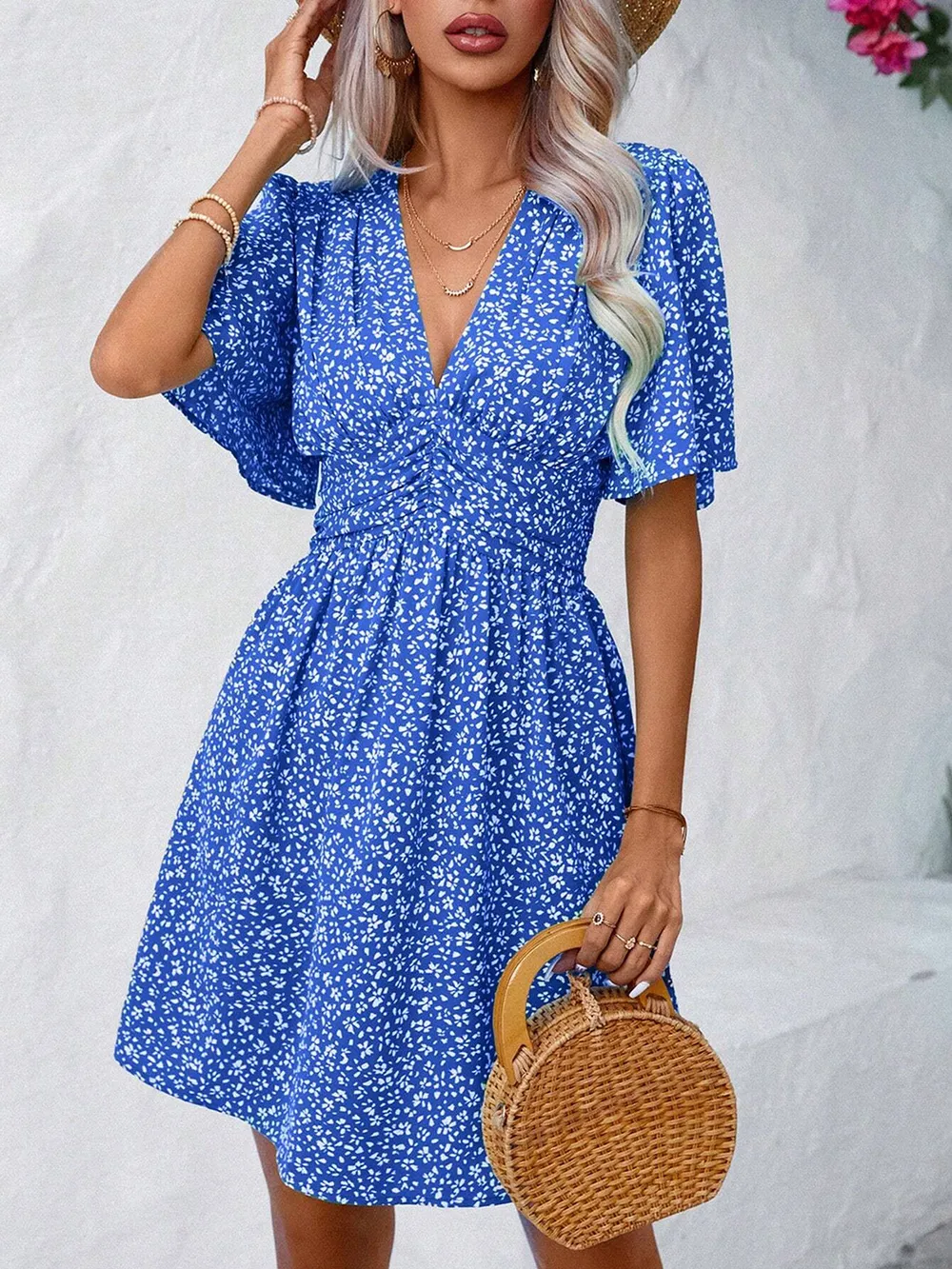 Printed V-Neck Half Sleeve Mini Dress, image 31
