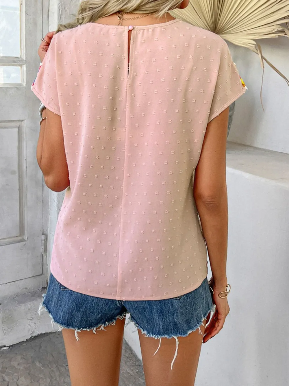 Swiss Dot Round Neck Crochet Short Sleeve Top, image 11