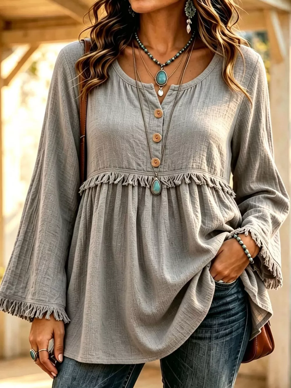 Button-Down Detail Fringed Hem Blouse, image 7