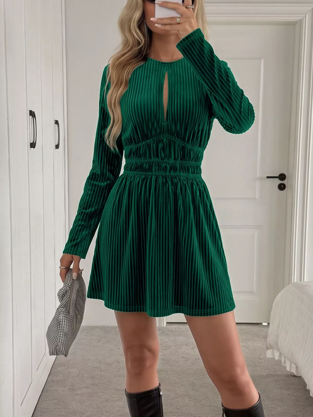 Ribbed Keyhole Long Sleeve Mini Dress, image 5