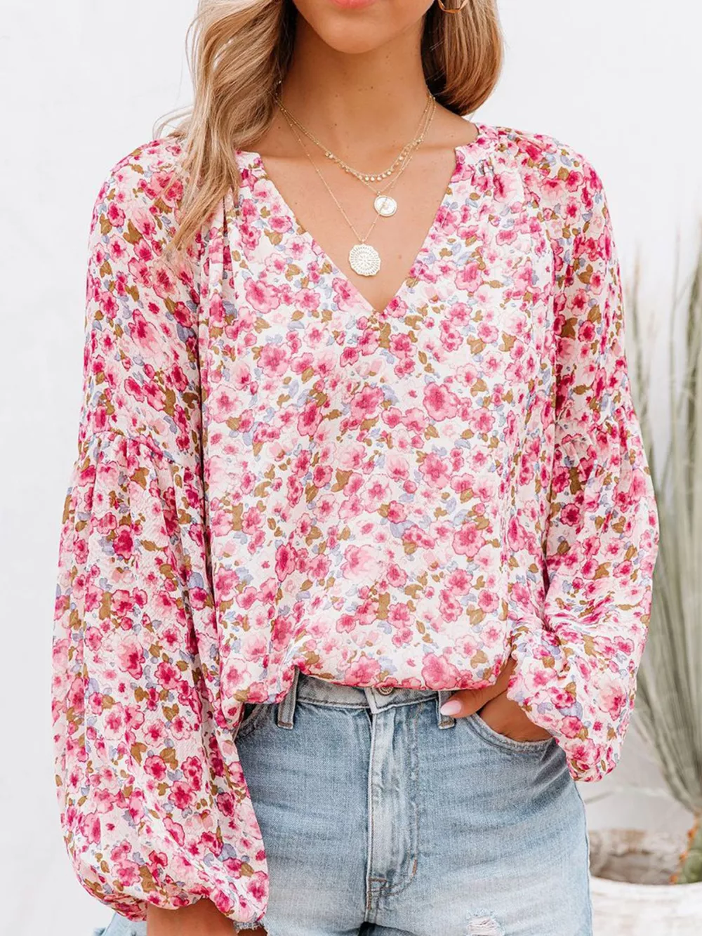 Full Size Floral Print V-Neck Long Sleeve Blouse Plus Size, image 6