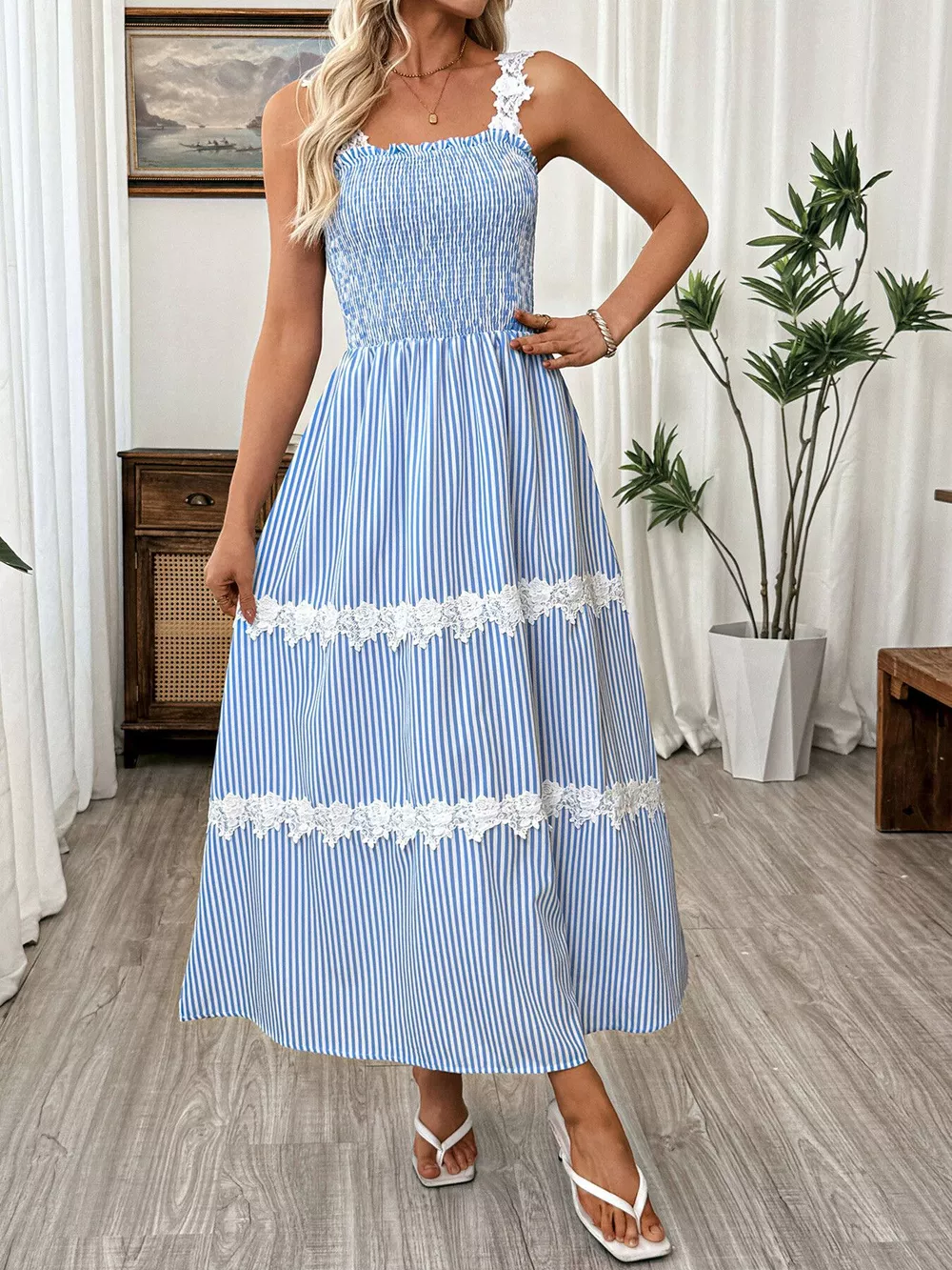 Striped Smocked Lace Trim Midi Dress, image 5