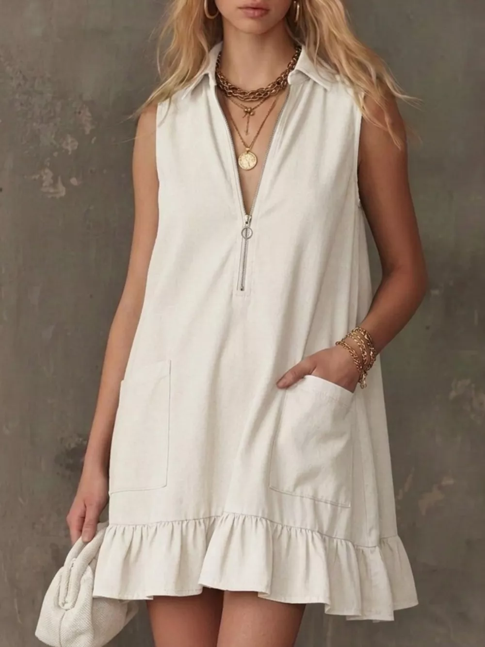 Sleeveless Collared Zip-Front Ruffle Hem Dress, image 4