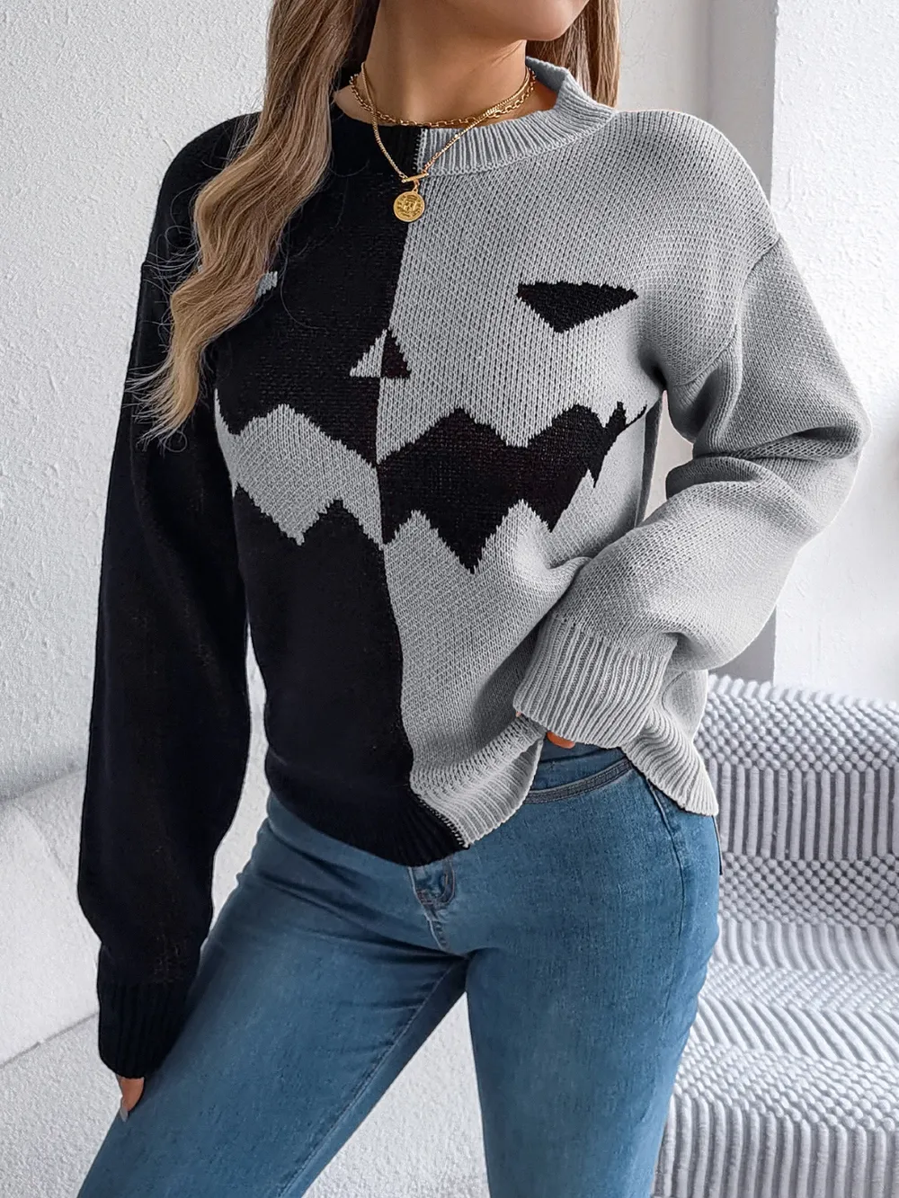 Contrast Round Neck Long Sleeve Sweater, image 14