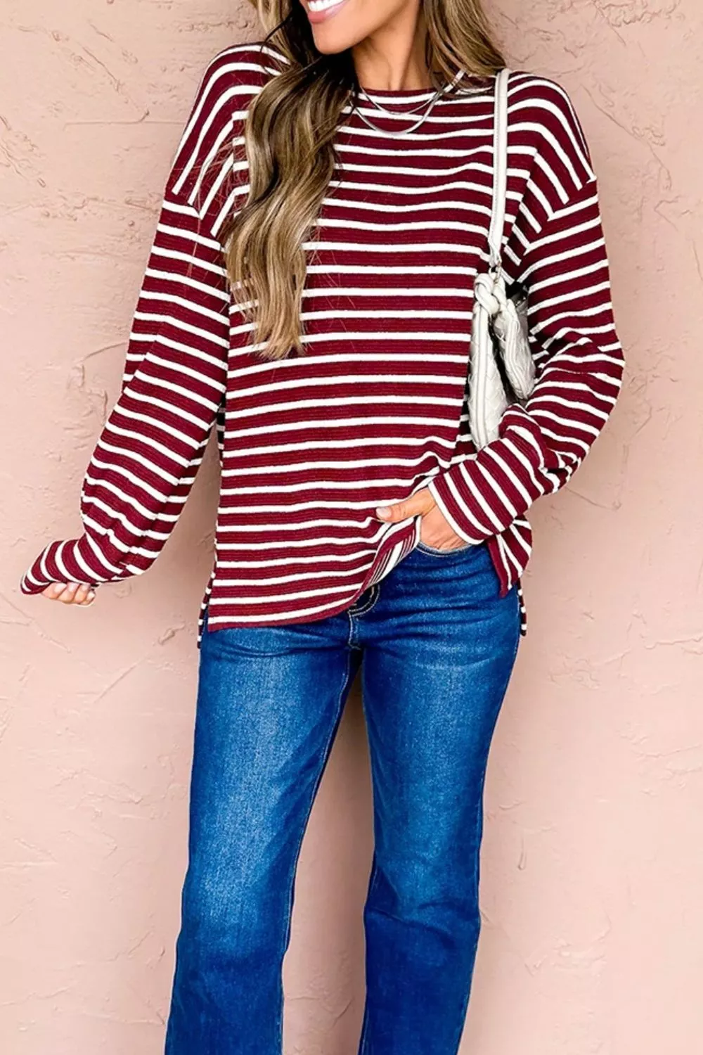 Stripe Drop Shoulder Long Sleeve Top, image 2