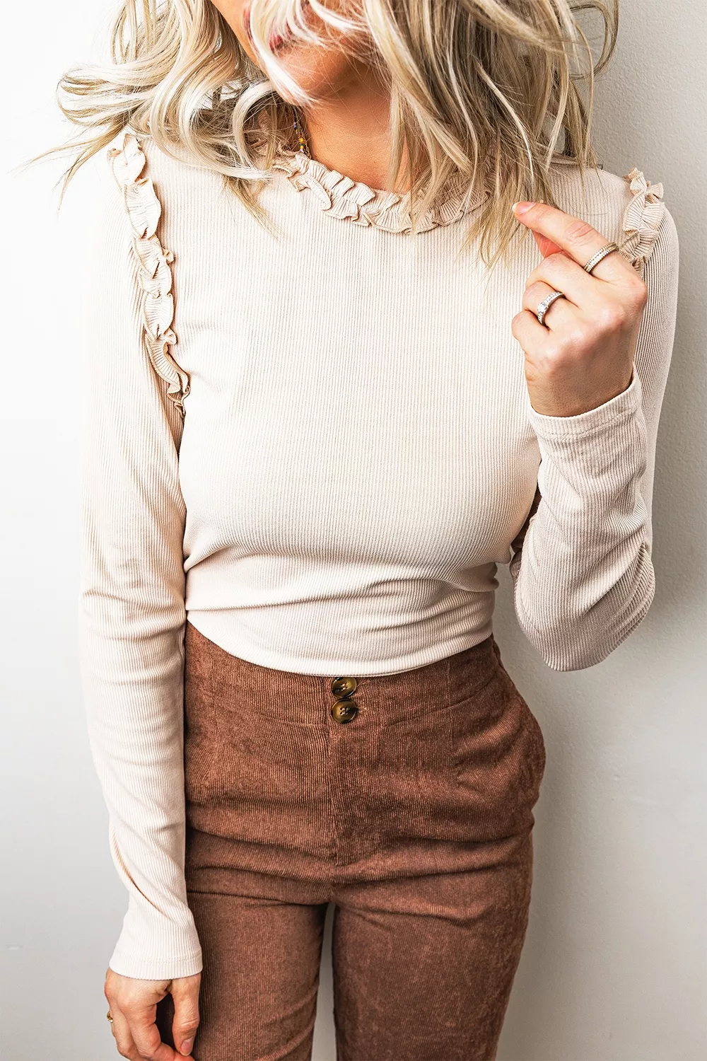 Solid Color Round Neck Frill Detail Long Sleeve Top, image 6