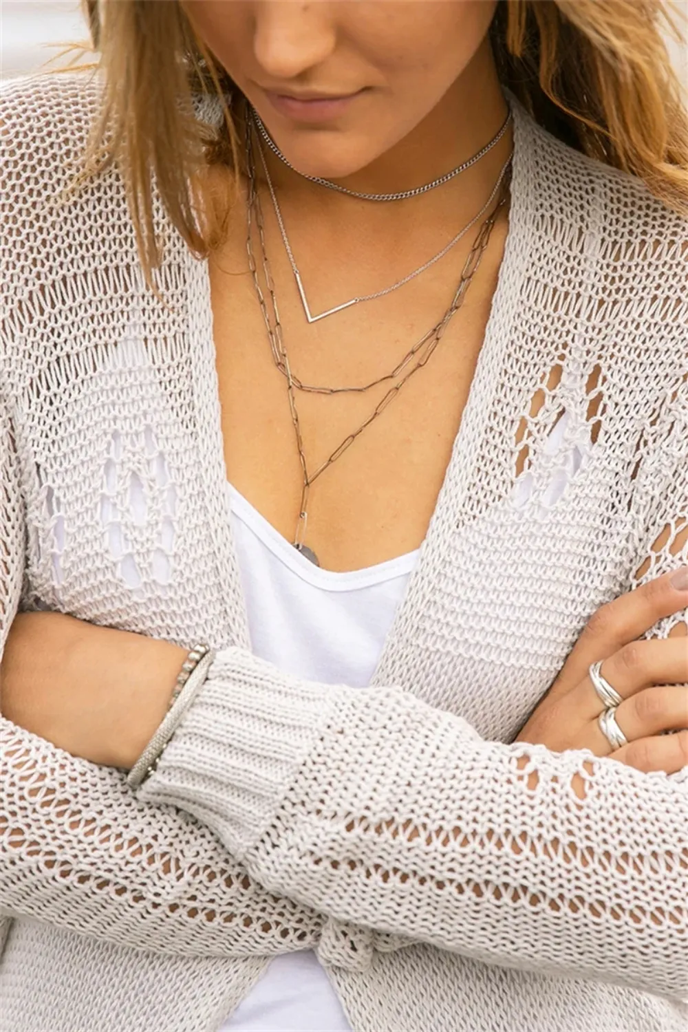 Openwork Side Slit Open Front Long Sleeve Cardigan, image 5