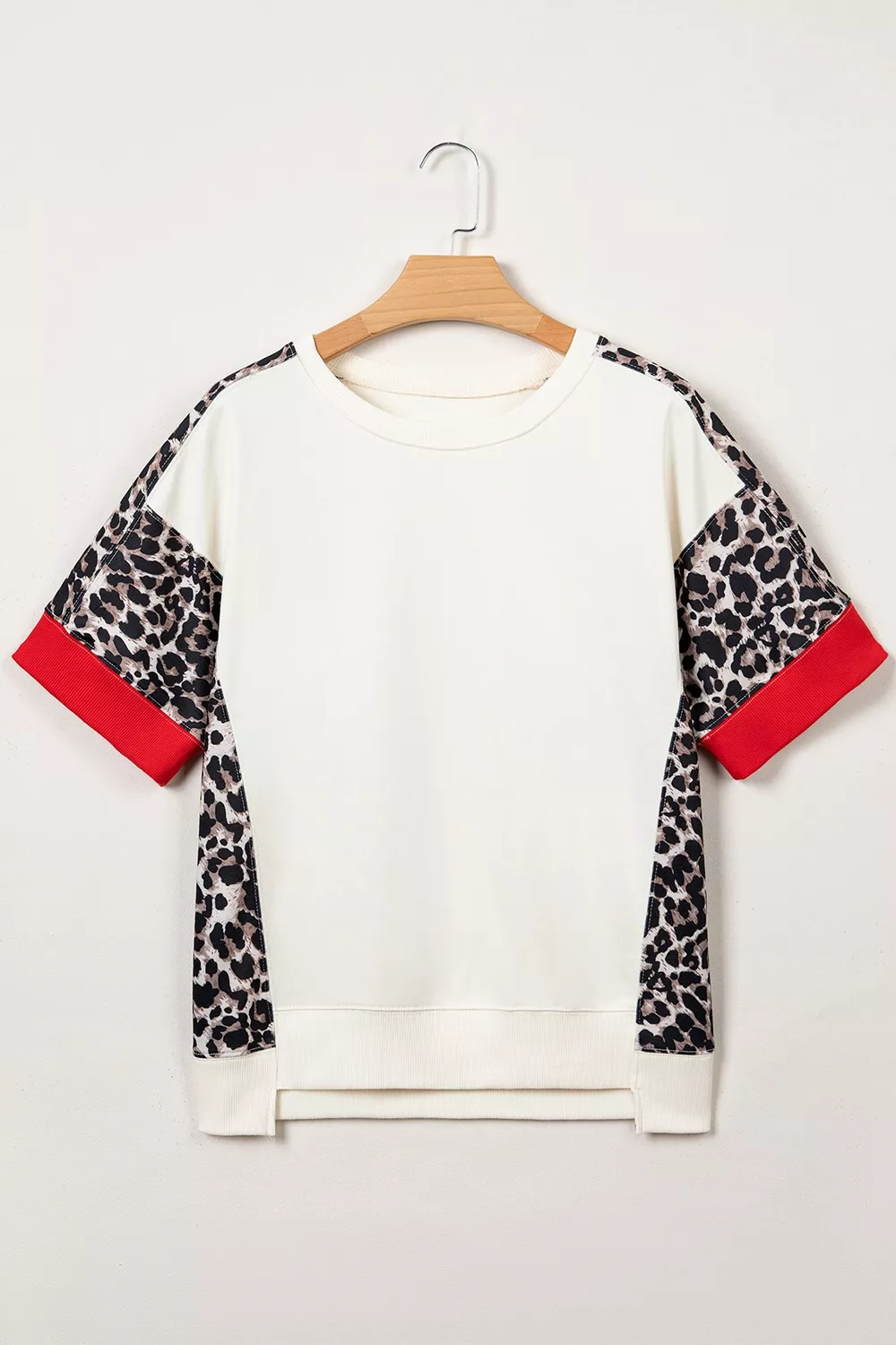 Leopard Block Patchwork Uneven Hem Short Sleeve Top, image 2
