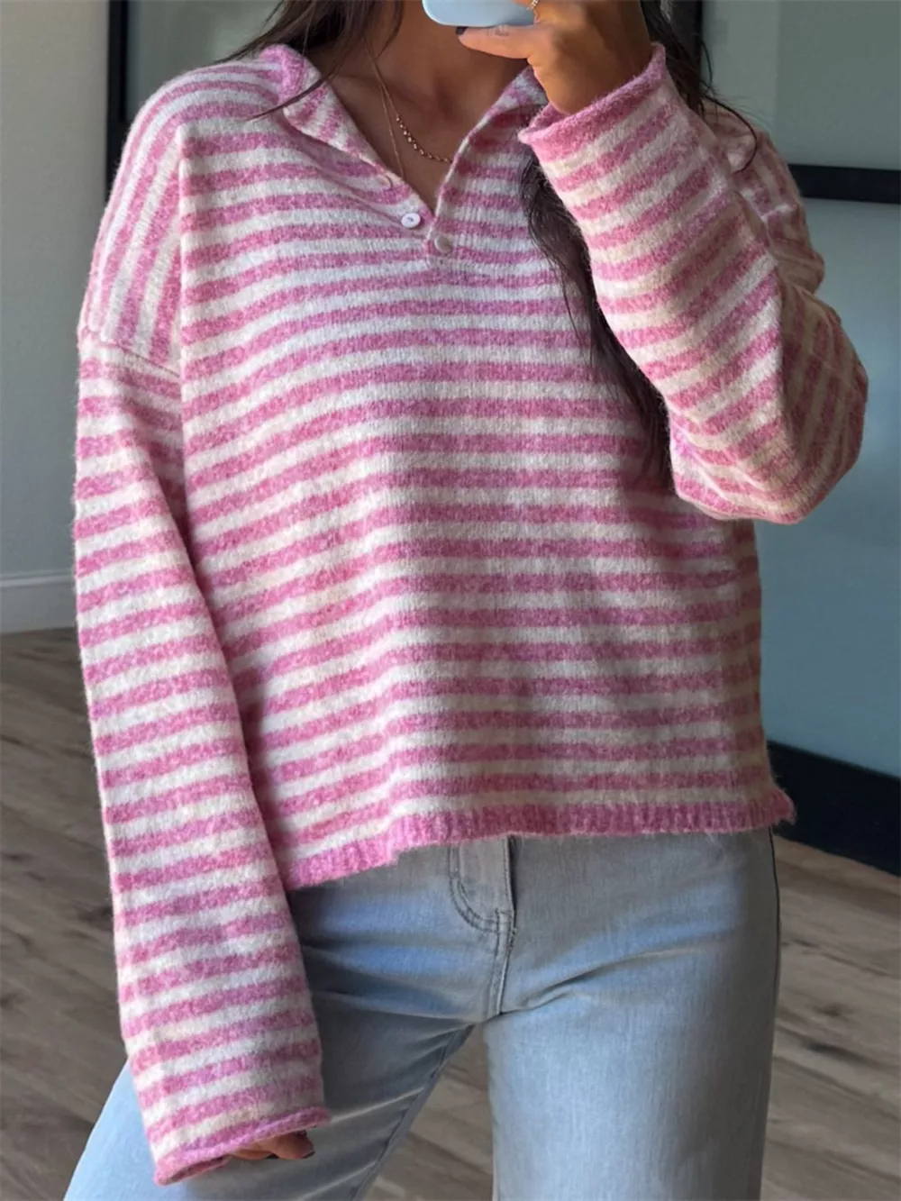 Button Detail Dropped Shoulder Striped Sweater, image 2
