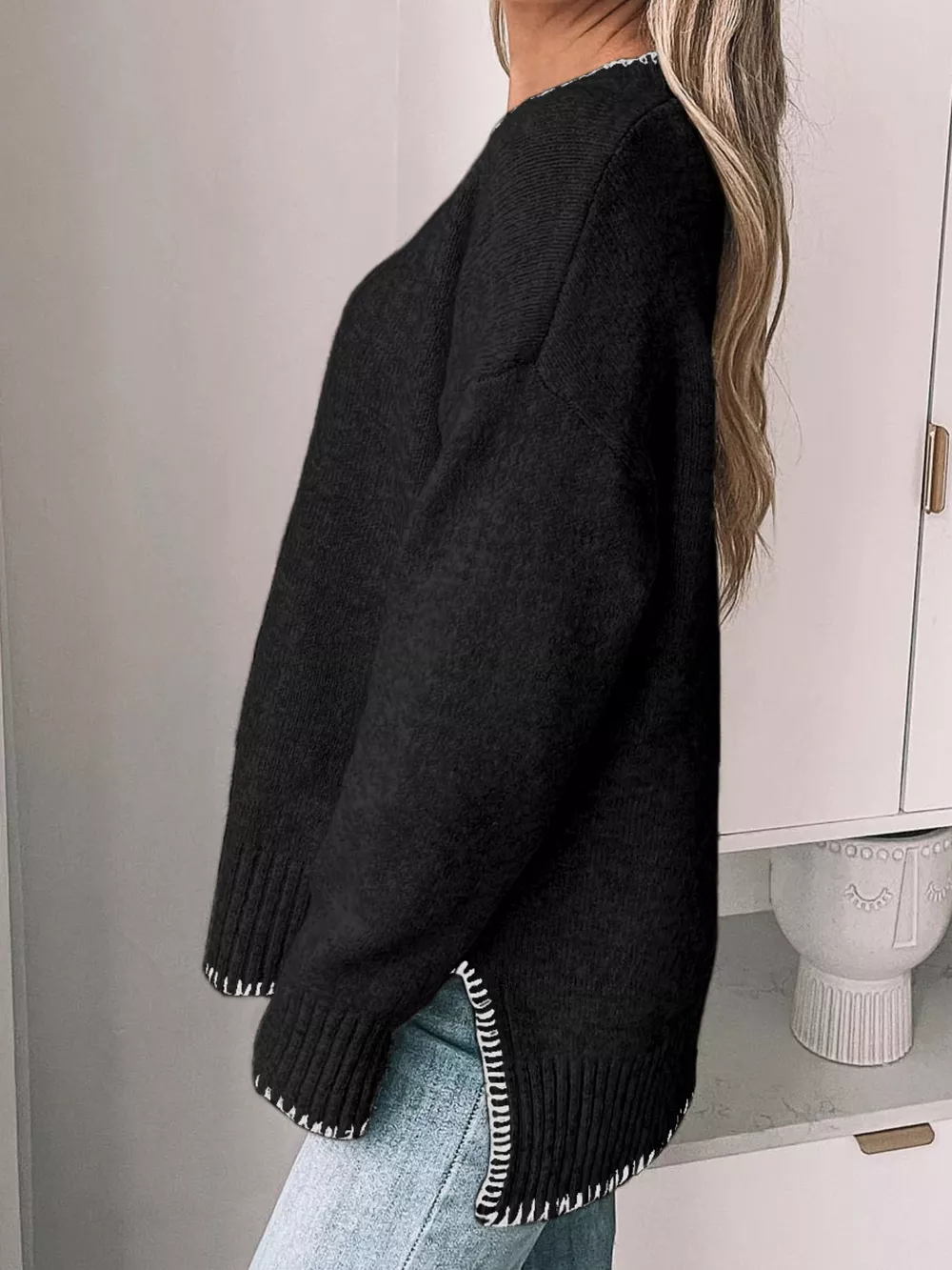 Slit Contrast Trim Round Neck Sweater, image 7