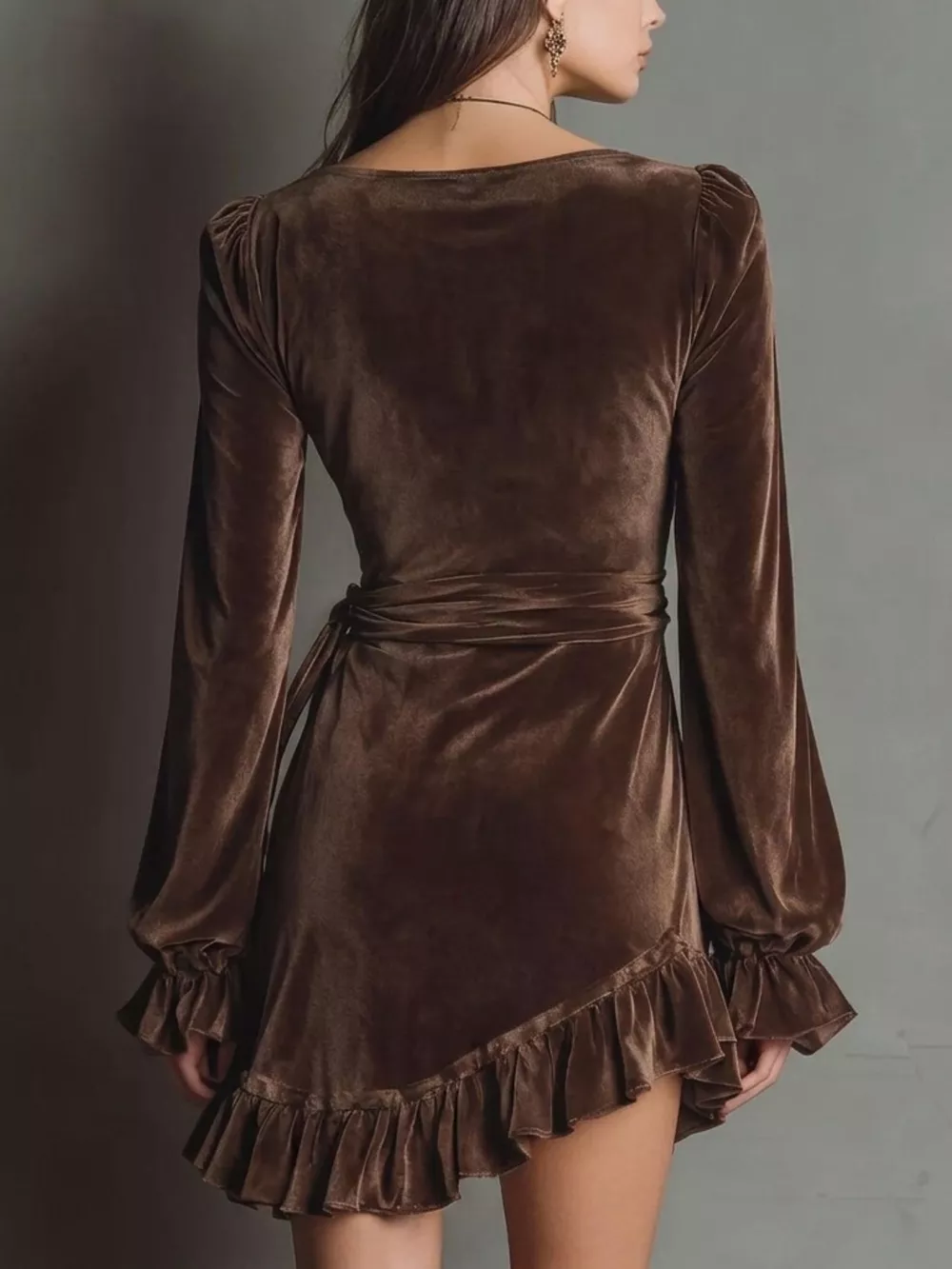 Velvet Surplice Flounce Sleeve Dress, image 2