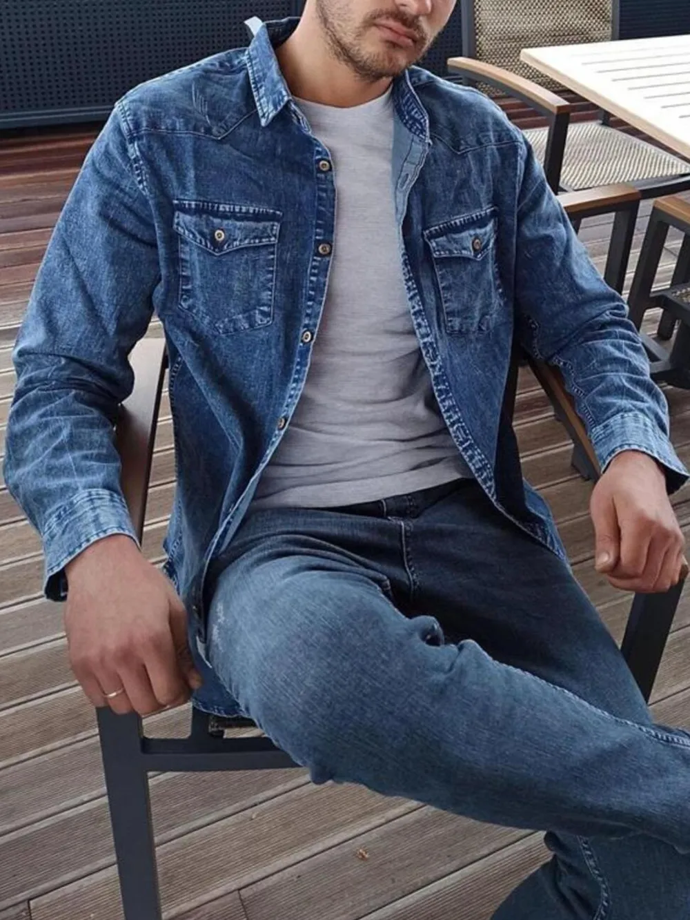 Men's Button Up Long Sleeve Denim Shirt, image 5
