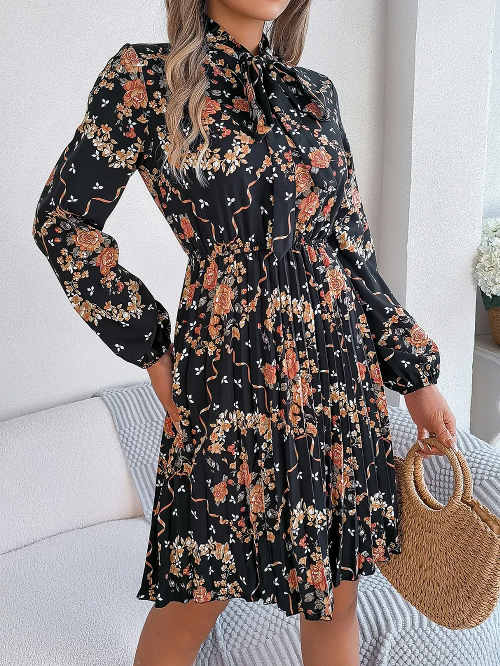 Pleated Printed Tie Neck Long Sleeve Dress, image 17