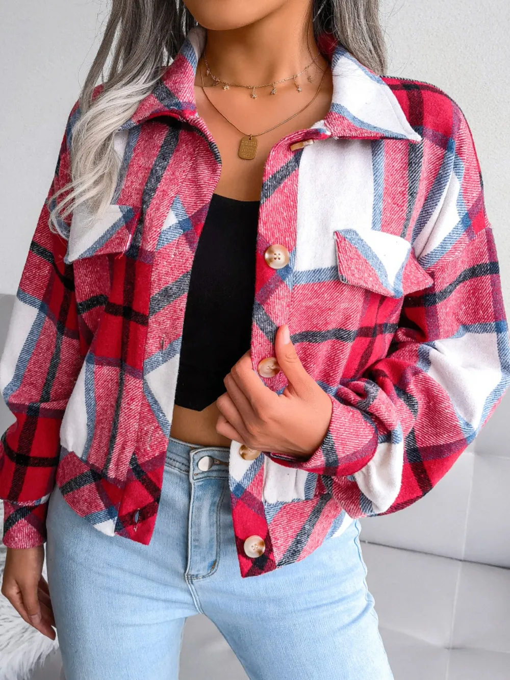 Plaid Collared Neck Long Sleeve Jacket, image 16