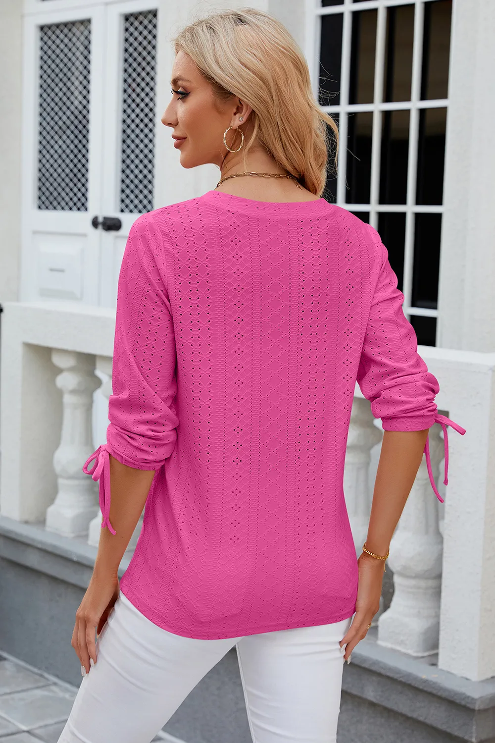 Eyelet Drawstring V-Neck Half Sleeve T-Shirt, image 20