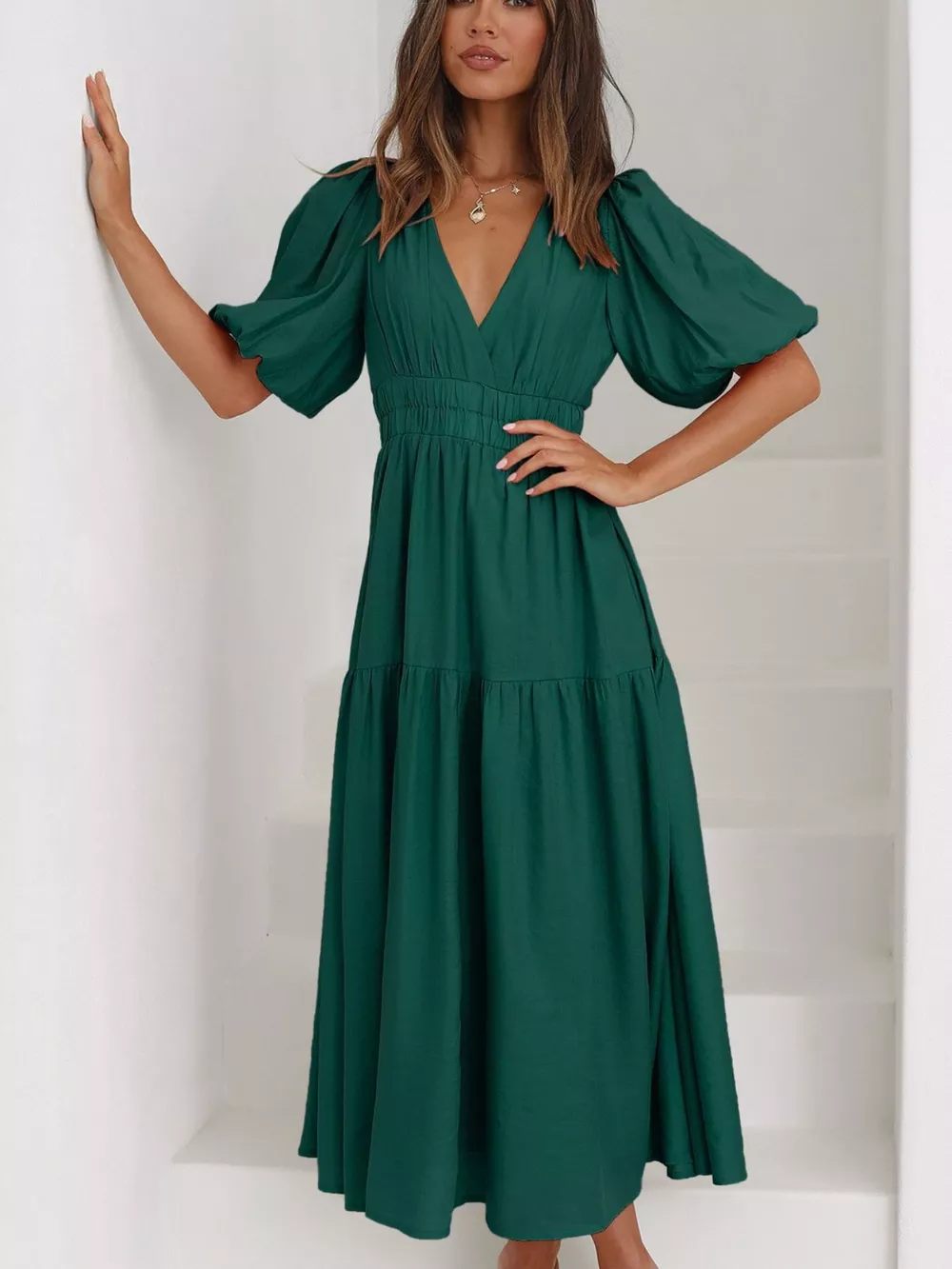 V-Neck Puff Sleeve Midi Dress, image 28