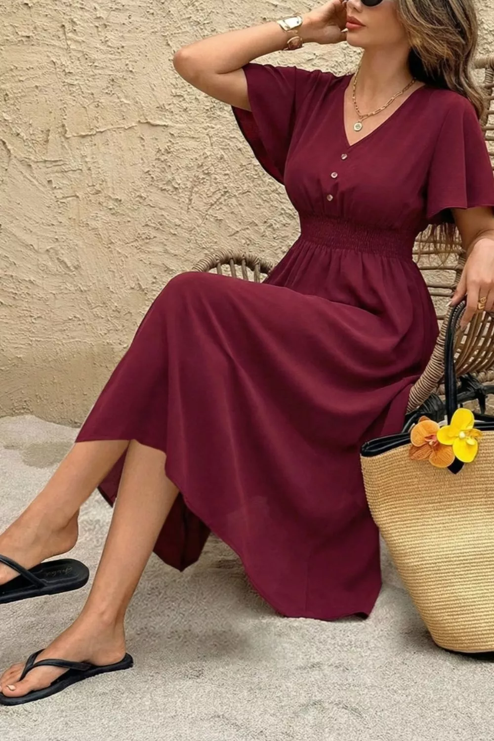 V-Neck Flutter Sleeve Midi Dress, image 4
