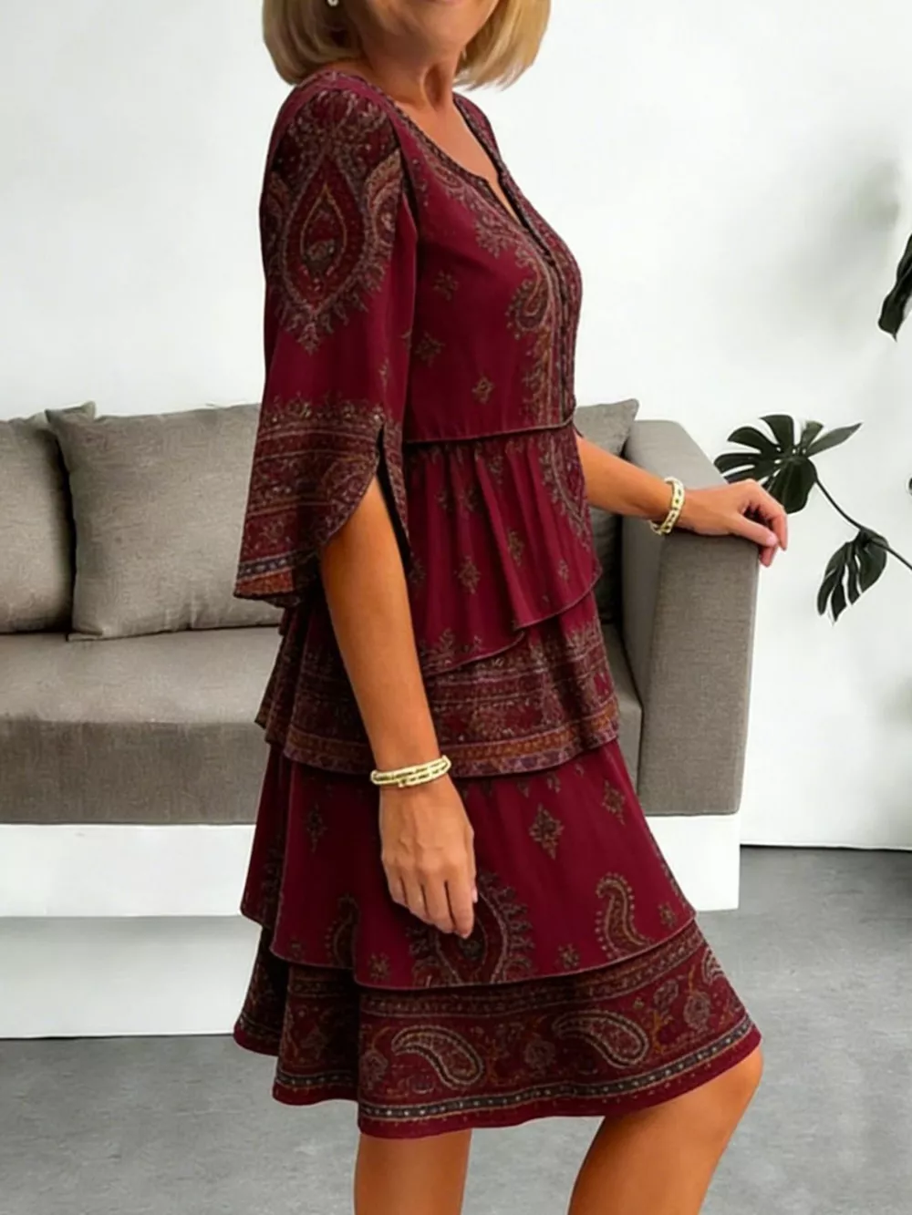 Full Size Paisley Print Layered Ruffle Mini Dress Plus Size, image 8