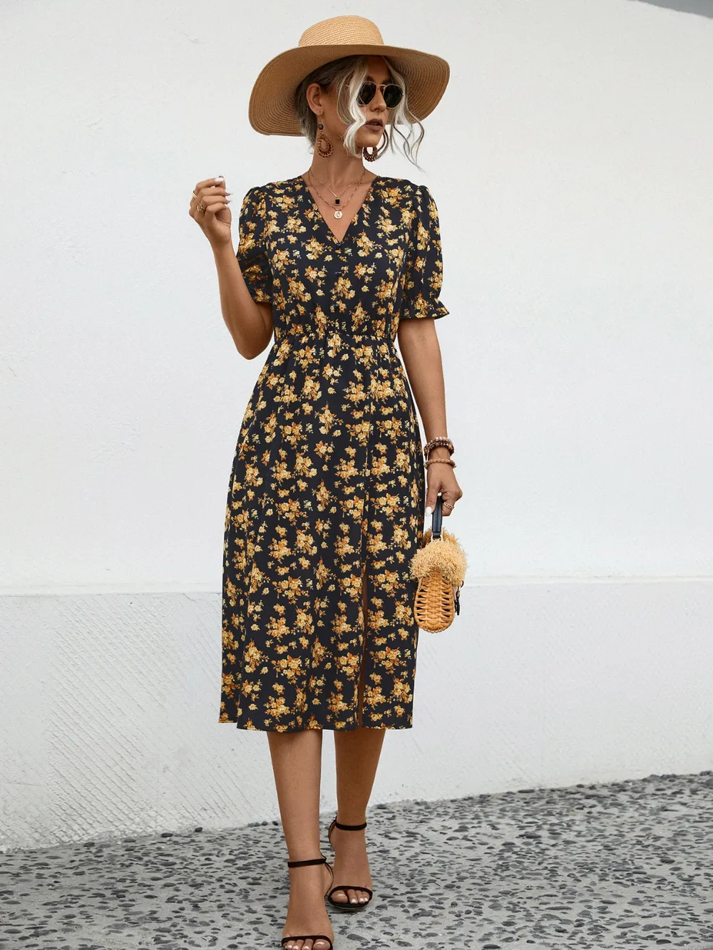 Slit Printed V-Neck Short Sleeve Dress, image 11