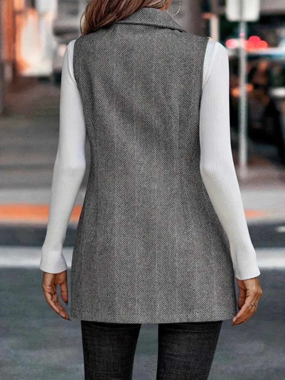 Buttoned Collared Neck Longline Vest Coat, image 10