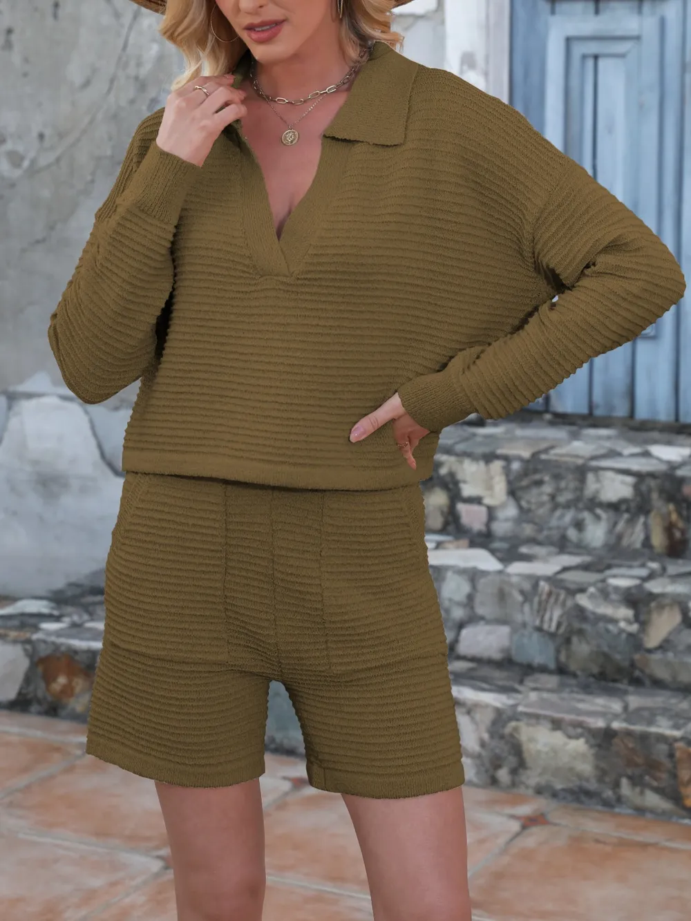 Johnny Collar Long Sleeve Top and Shorts Sweater Set, image 16